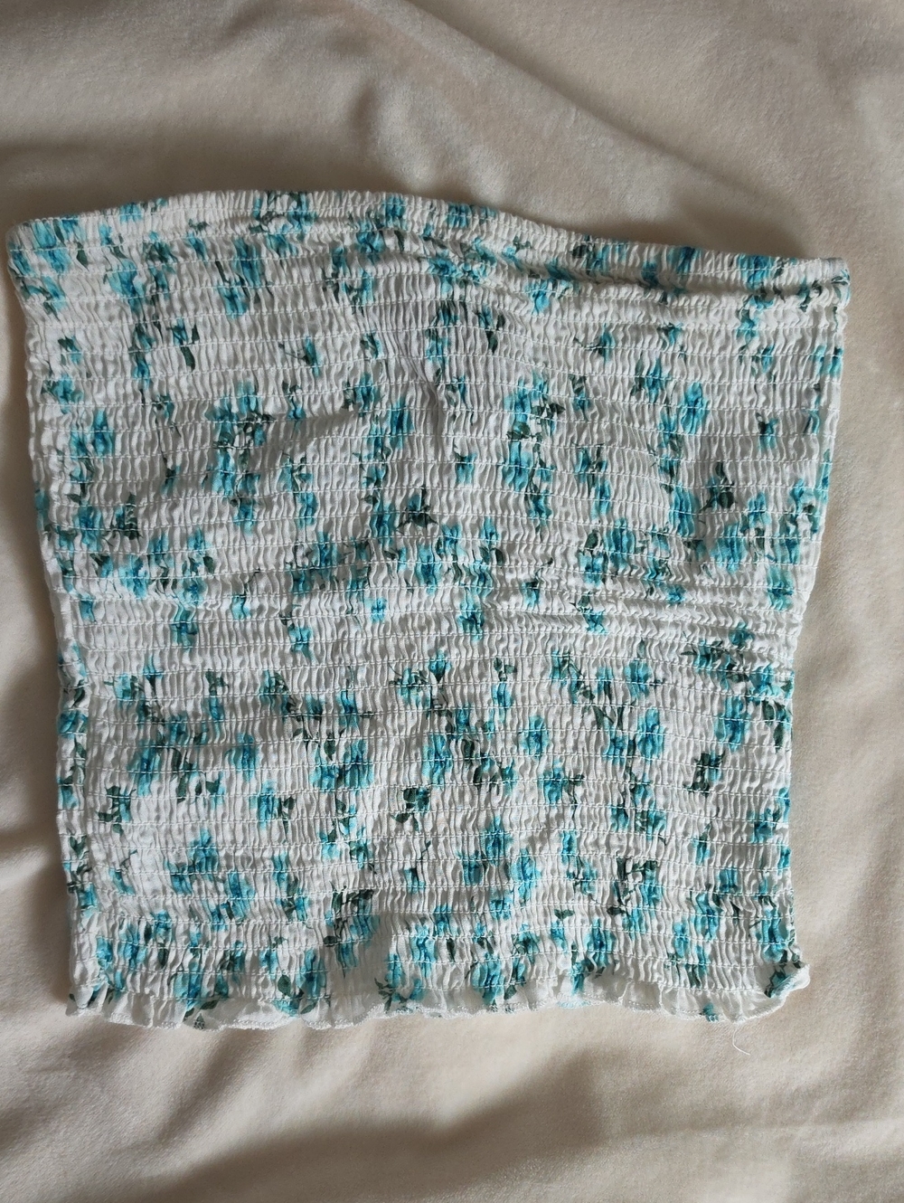 Streetwear Society White Smocked Tube Top with Teal Floral Accents